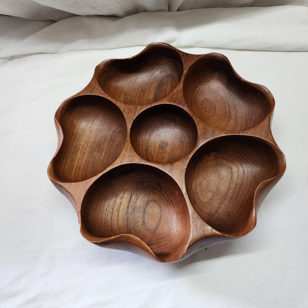 Vintage Teak Wooden sectioned lazy Susan Serving Bowl signed T
